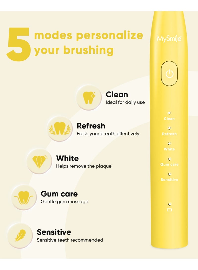 MySmile DY156 Electric Toothbrush for Adults, Rechargeable and Portable Sonic Toothbrush with 3 Brush Heads, Smart 2-Minute Timer and 5 Modes, 45,000 RPM, One Charge Lasts 60 Days (Yellow, Medium Size) - Image 3